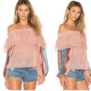 Misa Los Angeles Floral off Shoulder Blouse Top Pink Teal  Size XS